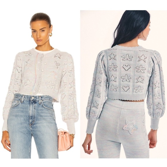 LOVESHACKFANCY Pastel Rainbow Star & Heart Pointelle Cropped Cardigan Sweater L - Picture 13 of 13